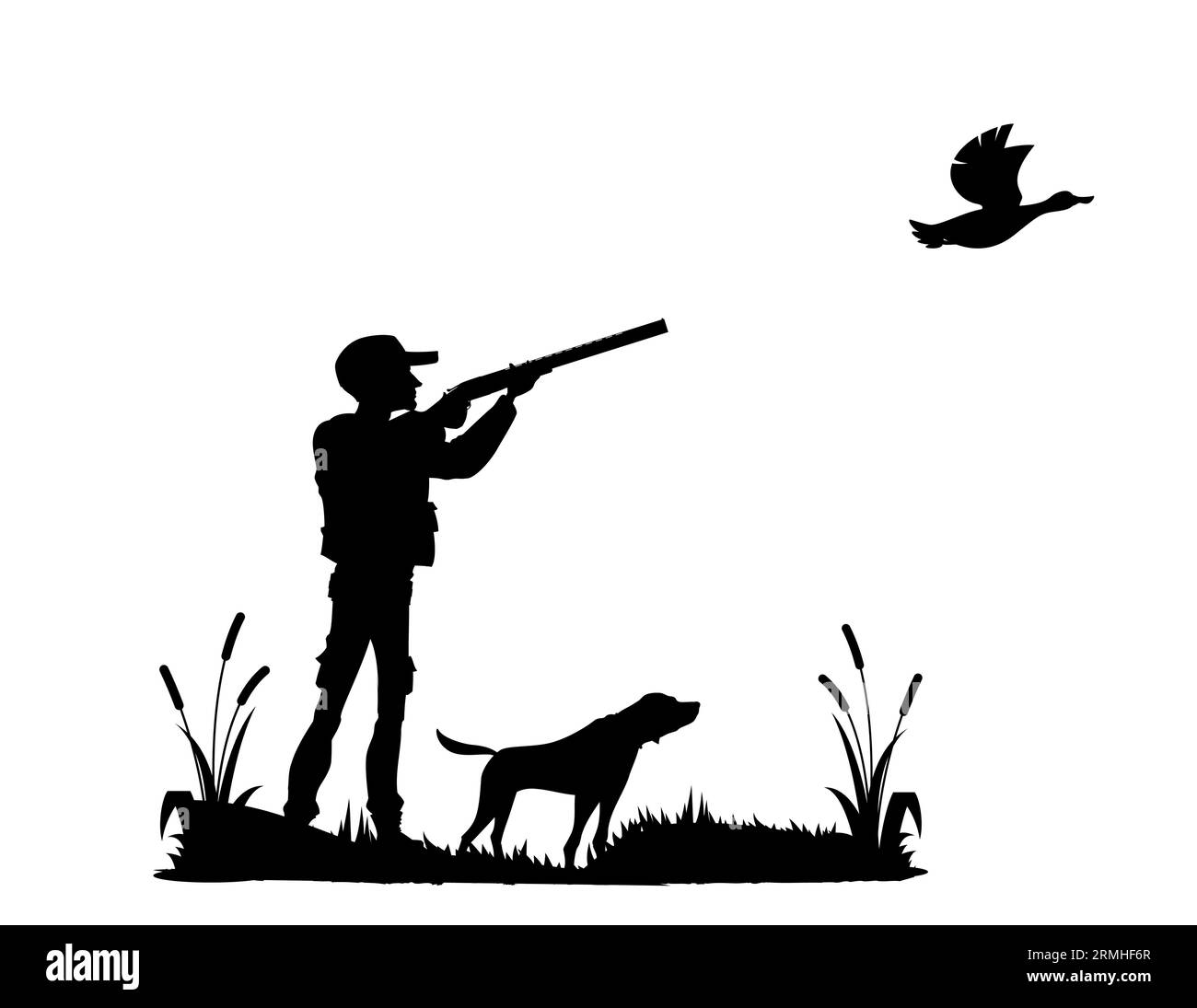 Hunting silhouette. Hunter with shotgun, flying duck and dog. Duck