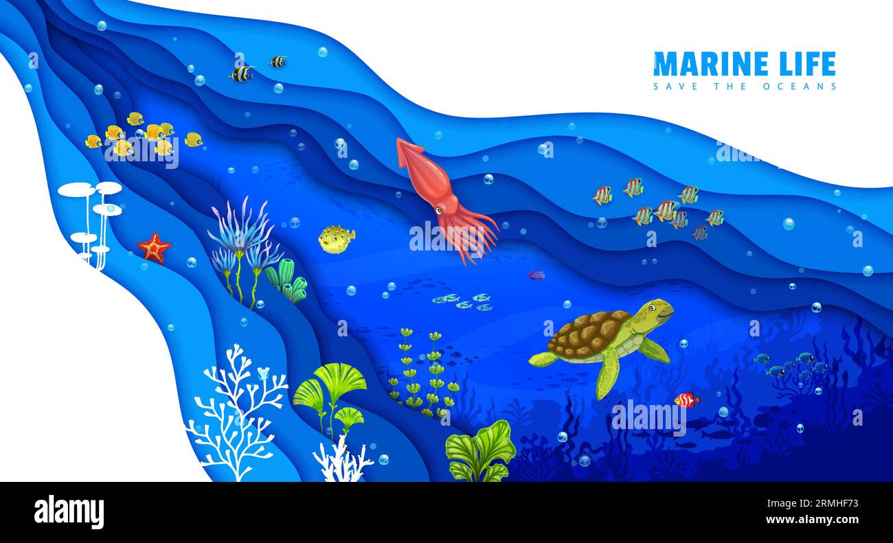 Underwater life. Cartoon tropical sea paper cut landscape, turtle and ...