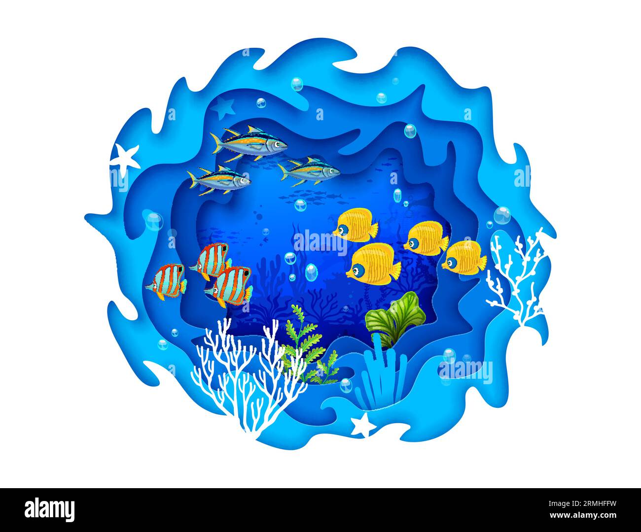 Cartoon tropical fish shoal and underwater sea paper cut landscape. 3d