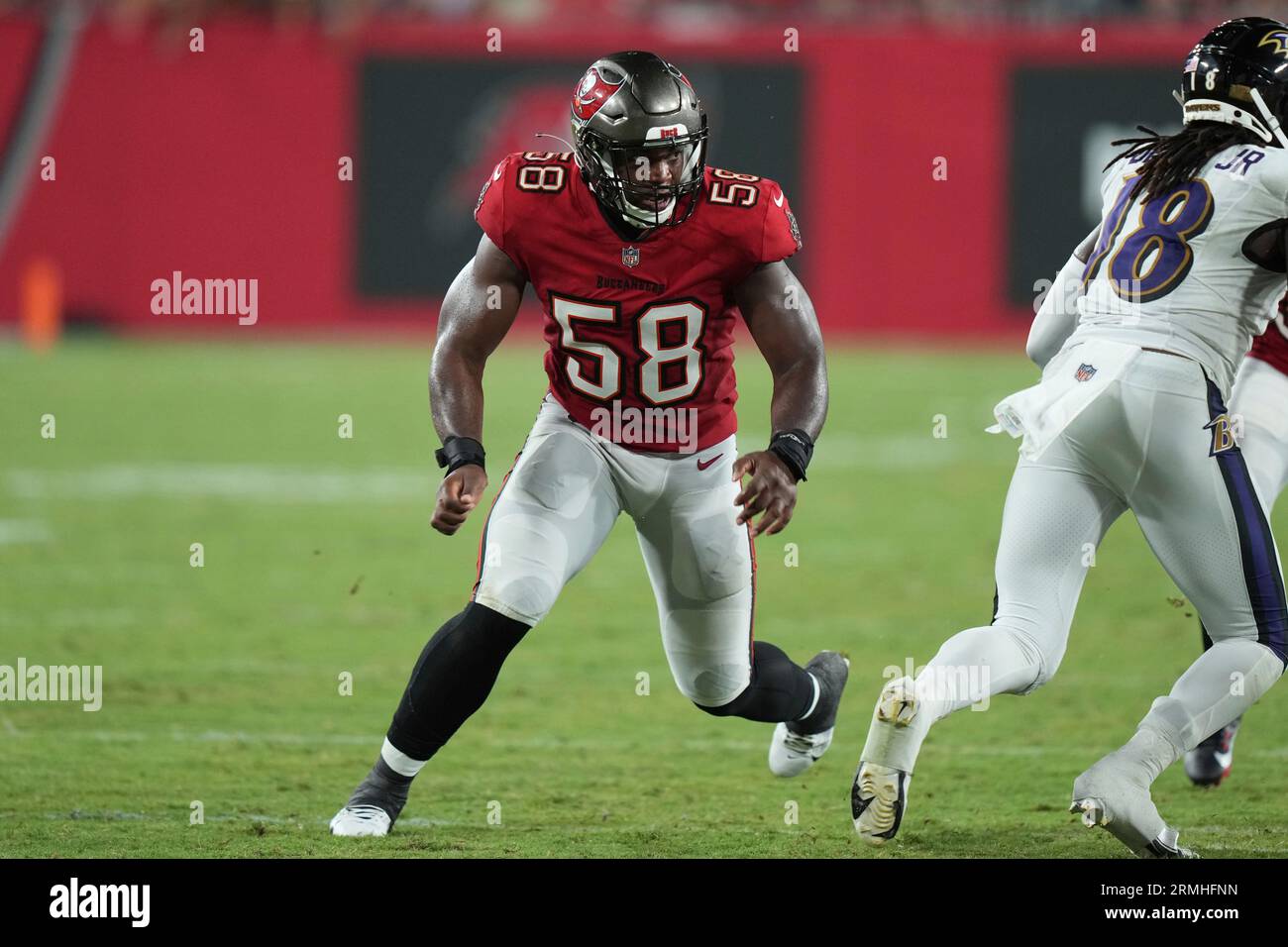 Tampa Bay Buccaneers linebacker Markees Watts (58) rushes the quarterback  during an NFL preseason football game against the Pittsburgh Steelers,  Friday, Aug. 11, 2023, in Tampa, Fla. (AP Photo/Peter Joneleit Stock Photo  - Alamy