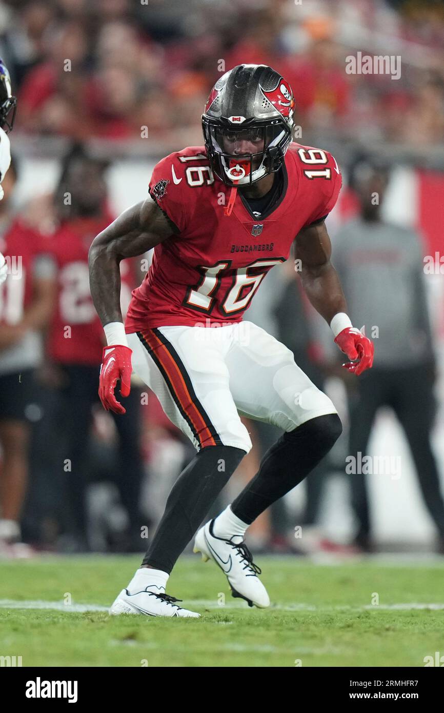 Tampa Bay Buccaneers cornerback Keenan Isaac (16) covers a kick during an NFL  preseason football game against the Pittsburgh Steelers, Friday, Aug. 11,  2023, in Tampa, Fla. (AP Photo/Peter Joneleit Stock Photo - Alamy