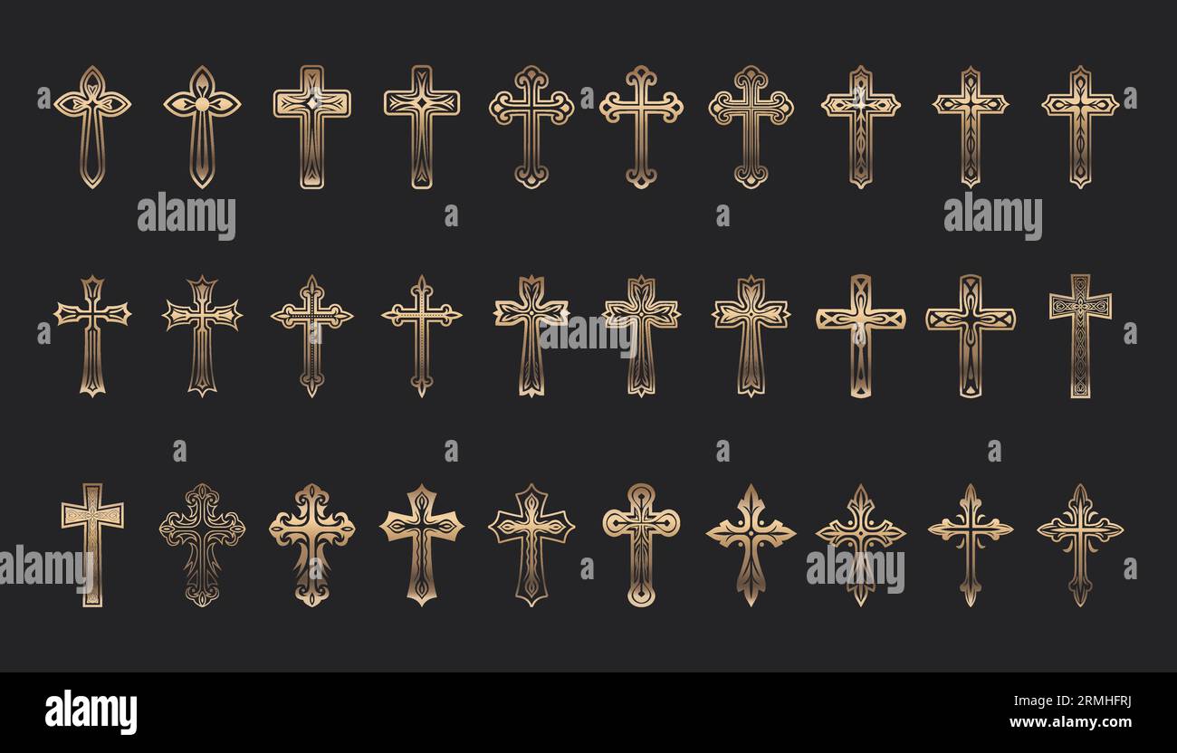 Flat Vector Golden Christian Cross Icons Set. Line Silhouette Cut Out Christian Crosses Collection Stock Vector