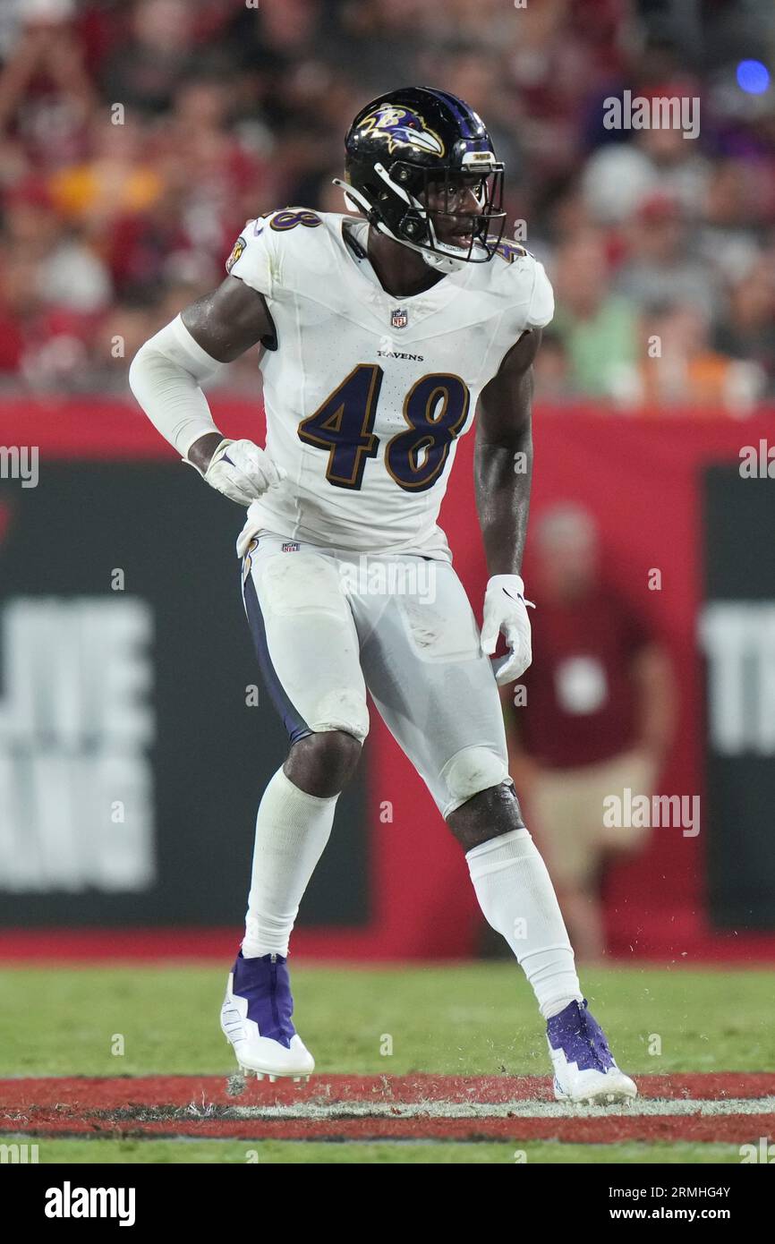 Baltimore Ravens safety Geno Stone (26) drops back in coverage as he  defends during an NFL preseason football game against the Tampa Bay  Buccaneers, Saturday, Aug. 26, 2023, in Tampa, Fla. (AP