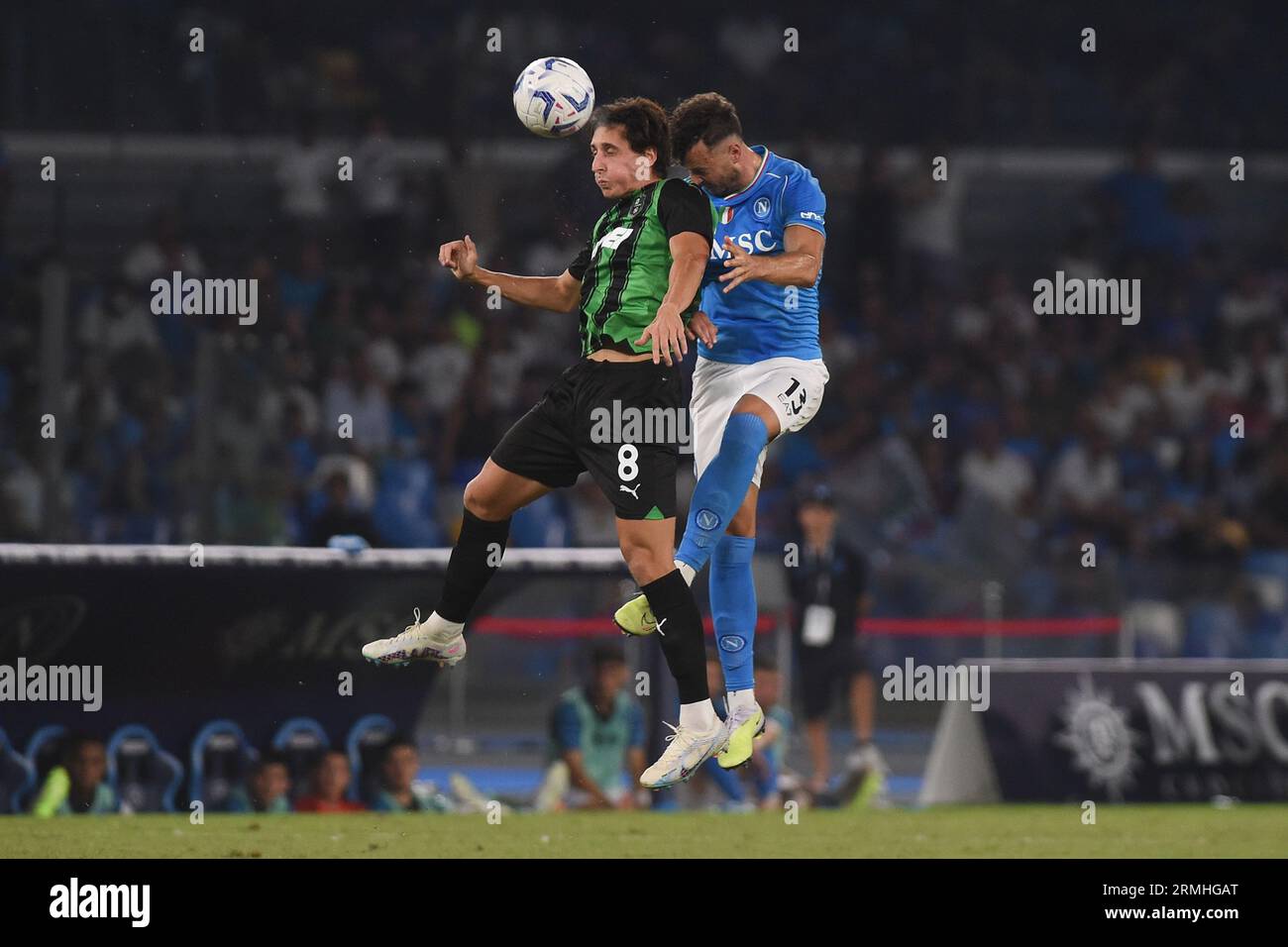 Naples, Italy. 27 Aug, 2023. Amir Rrahmani of SSC Napoli competes for the ball with Samuele Mulattieri of US Sassuolo Calcio during the Serie A match Stock Photo