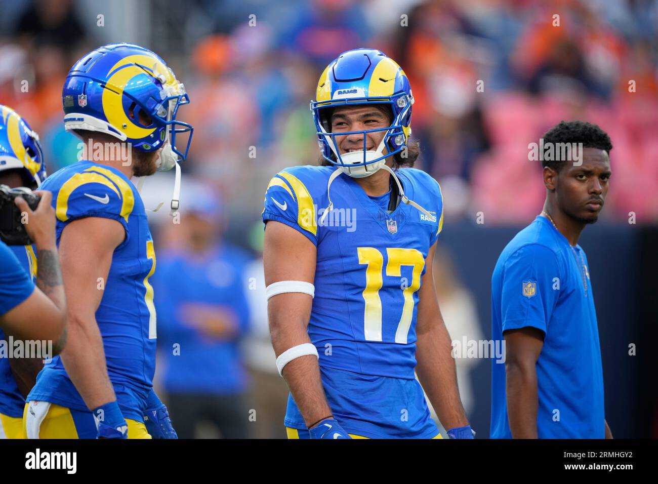 Los Angeles Rams wide receiver Puka Nacua (17) warms up before an NFL  preseason football game Saturday, Aug. 26, 2023, in Denver. (AP Photo/David  Zalubowski Stock Photo - Alamy