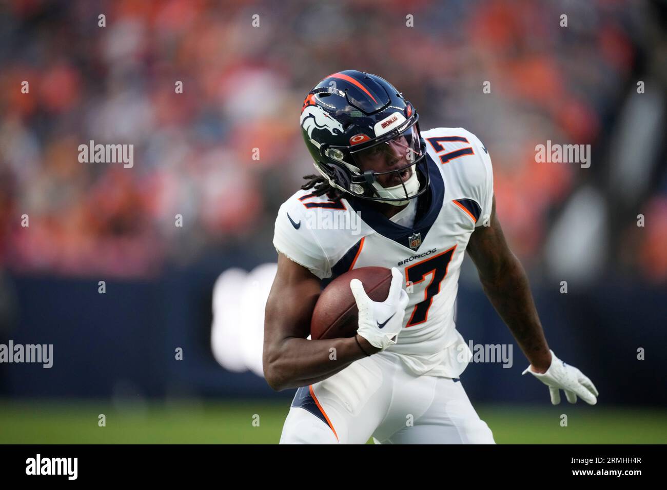 Denver Broncos wide receiver Lil'Jordan Humphrey (17) catches the ball  against the Los Angeles Rams of an NFL football game Saturday, Aug 26,  2023, in Denver. (AP Photo/Bart Young Stock Photo - Alamy