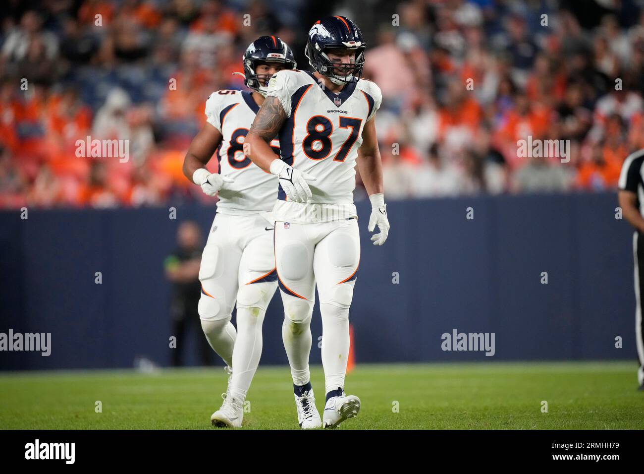 Denver Broncos tight end Tommy Hudson takes part in drills during an NFL  football rookie mini camp Saturday, May 13, 2023, at the team's  headquarters in Centennial, Colo. (AP Photo/David Zalubowski Stock