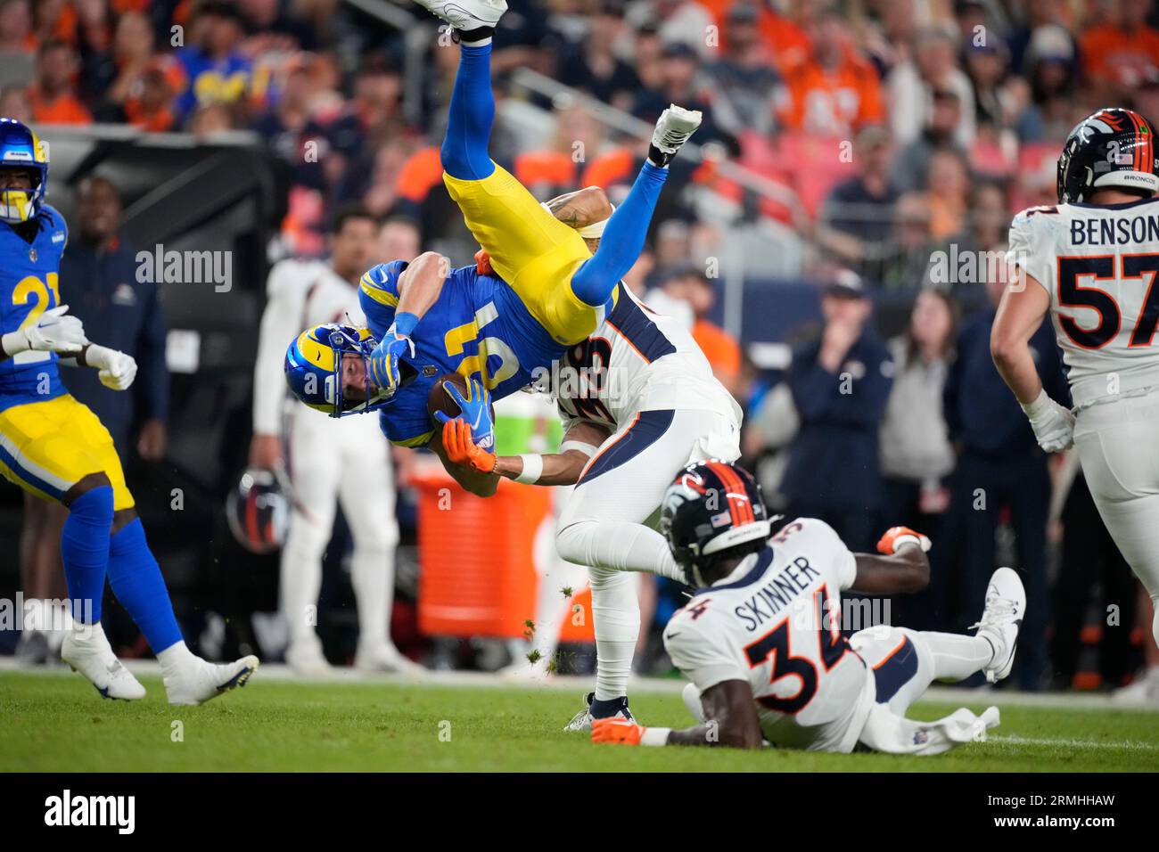 Denver Broncos safety Devon Key (38) makes a tackle against the Los Angeles  Rams of an NFL football game Saturday, Aug 26, 2023, in Denver. (AP  Photo/Bart Young Stock Photo - Alamy