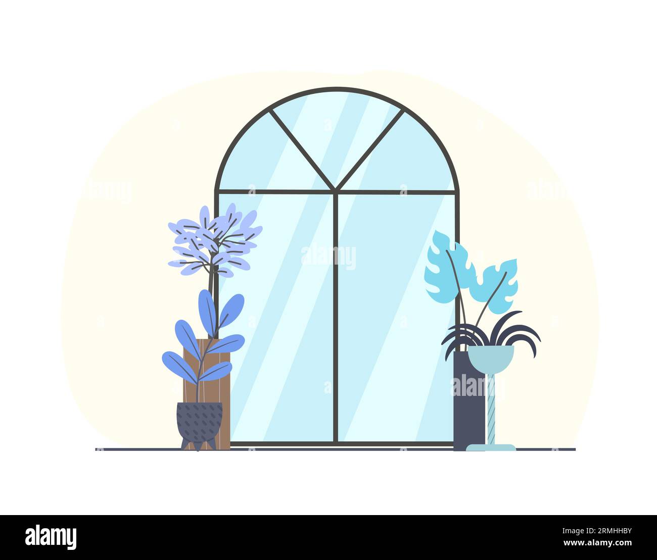 Simple glass front door with potted plants outdoor view. Flat minimal