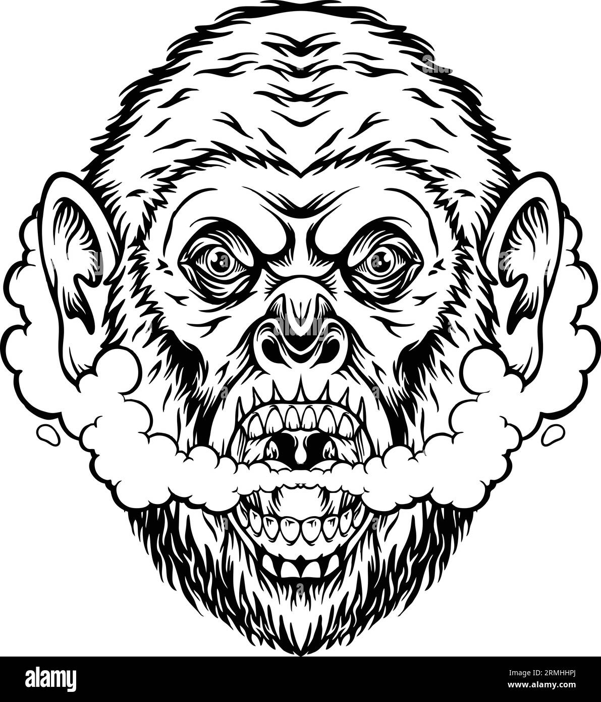 Roaring primate monkey head cannabis smoke puff illustration monochrome vector illustrations for your work logo, merchandise t-shirt, stickers and lab Stock Vector