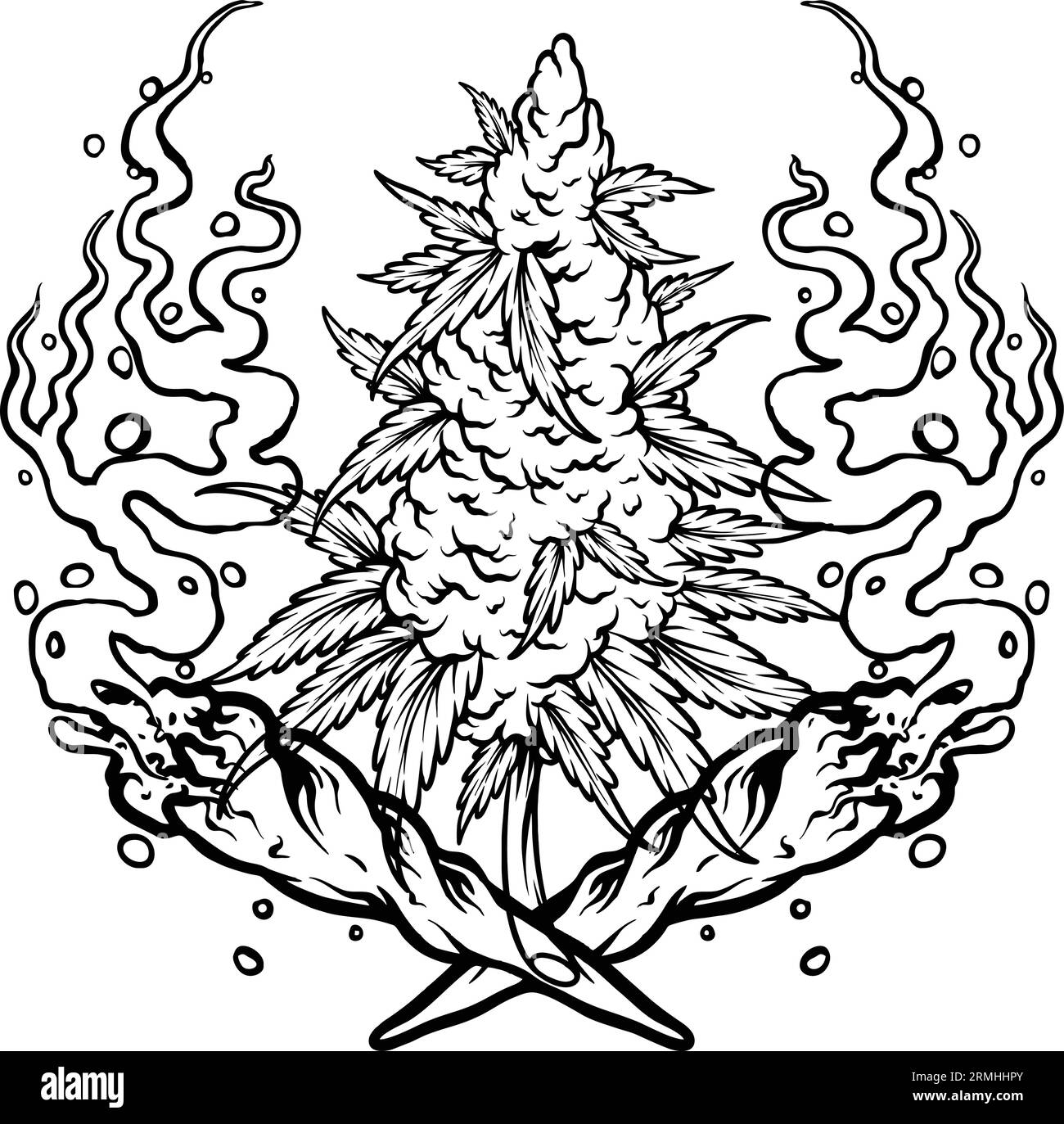 High time smoking weed with cannabis bud leaf illustrations monochrome