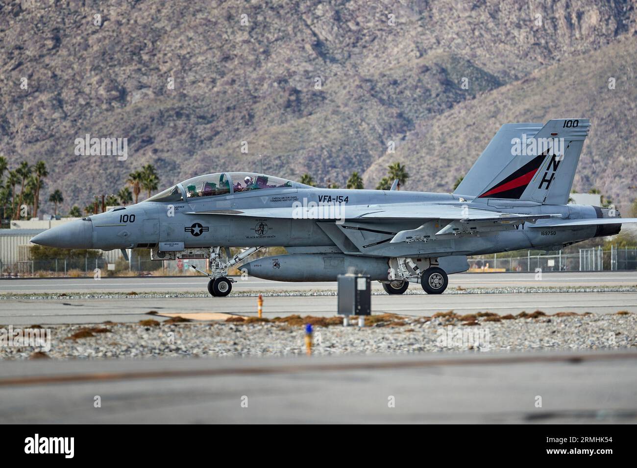 Palm Springs, California, USA. 13th Jan, 2023. Strike Fighter Squadron VFA-154 the ''Black Knights'' F/A-18F Super Hornets arriving at the airport in Palm Springs. (Credit Image: © Ian L. Sitren/ZUMA Press Wire) EDITORIAL USAGE ONLY! Not for Commercial USAGE! Stock Photo