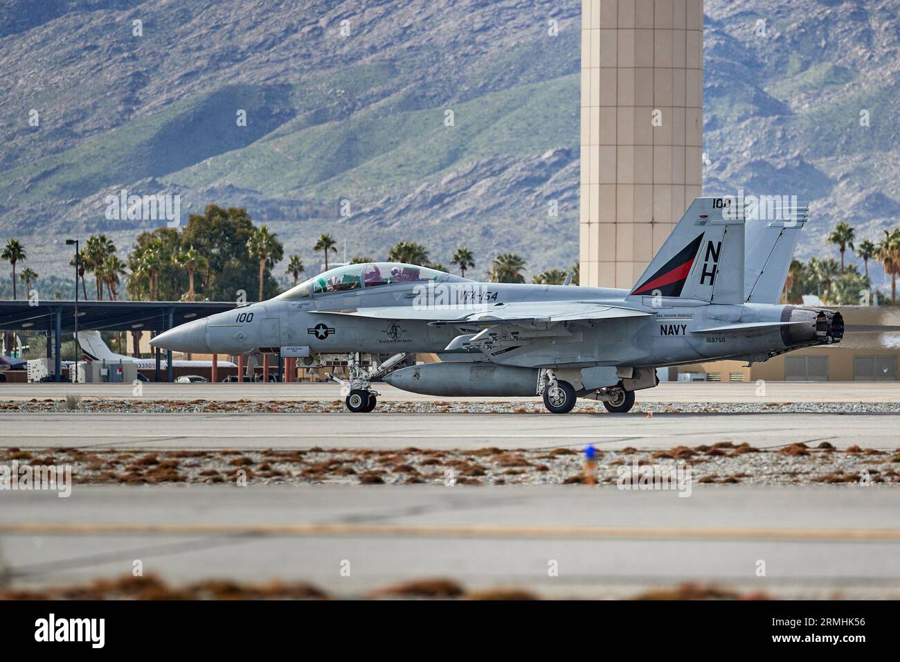 Palm Springs, California, USA. 13th Jan, 2023. Strike Fighter Squadron VFA-154 the ''Black Knights'' F/A-18F Super Hornets arriving at the airport in Palm Springs. (Credit Image: © Ian L. Sitren/ZUMA Press Wire) EDITORIAL USAGE ONLY! Not for Commercial USAGE! Stock Photo