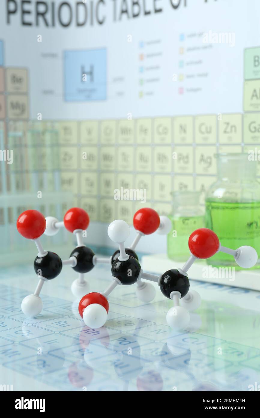 Molecular model, laboratory glassware and periodic table Stock Photo - Alamy