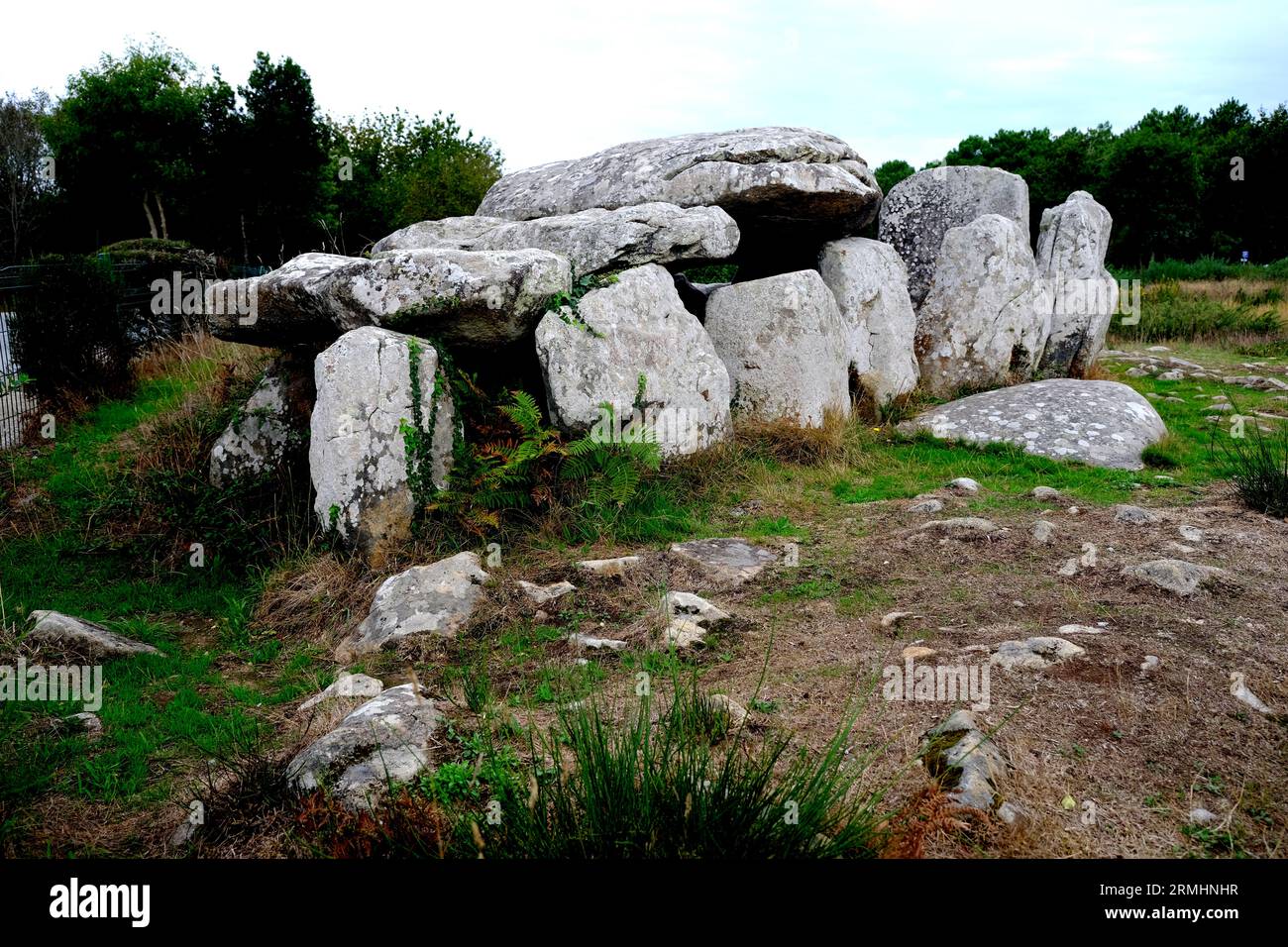 A dolmens, an ancient burial chamber, amoungst Megalithic stone formation in Carnac Brittany France Stock Photo