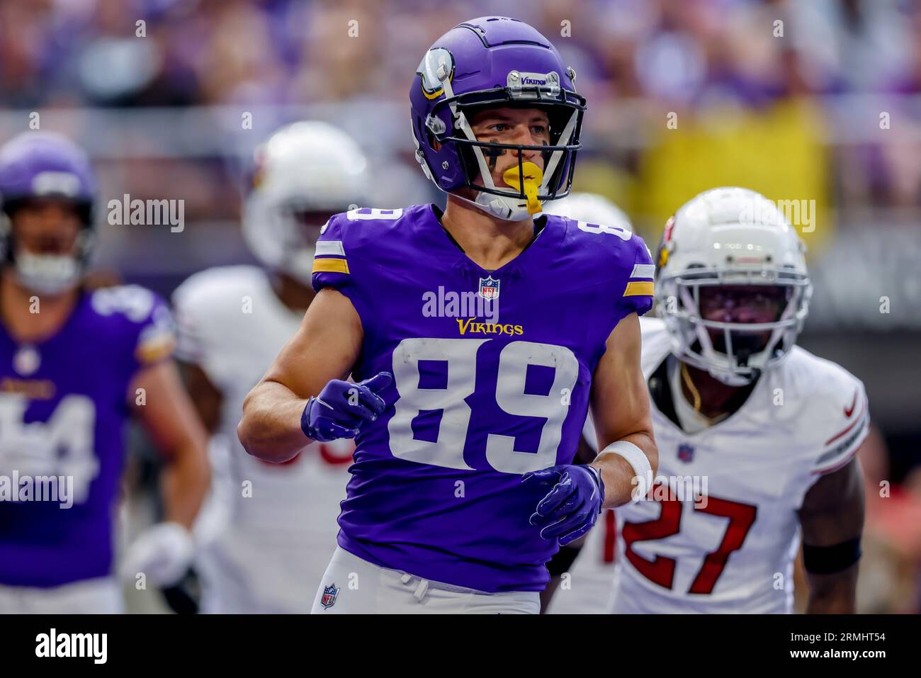 Minnesota Vikings wide receiver Thayer Thomas (89) in action during the  first half of an NFL preseason football game against the Arizona Cardinals,  Saturday, Aug. 26, 2023 in Minneapolis. (AP Photo/Stacy Bengs