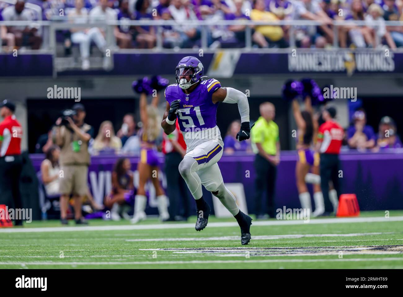 Minnesota Vikings linebacker Benton Whitley (51) in action during the first  half of an NFL preseason football game against the Arizona Cardinals,  Saturday, Aug. 26, 2023 in Minneapolis. (AP Photo/Stacy Bengs Stock