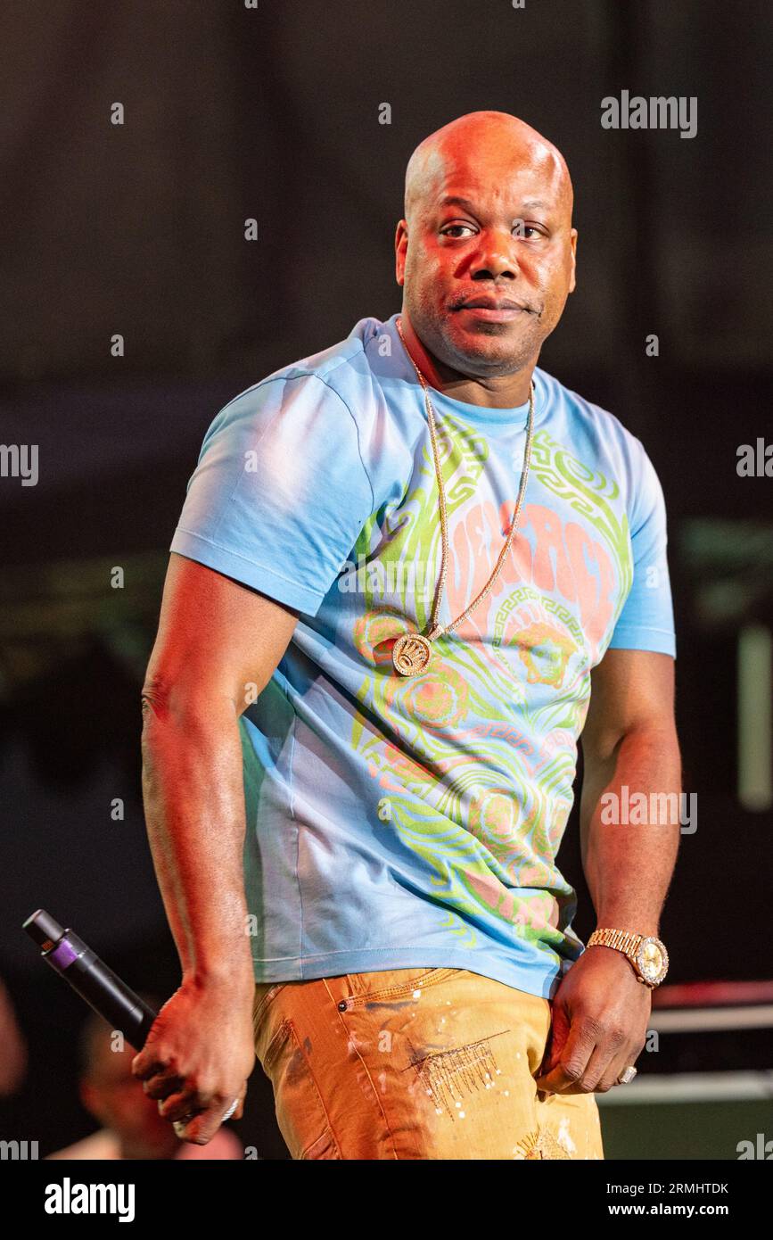 Irvine, USA. 27th Aug, 2023. Rapper Too Short (Todd Anthony Shaw) during  the High School Reunion Tour at FivePoint Amphitheatre on August 27, 2023,  in Irvine, California (Photo by Daniel DeSlover/Sipa USA)