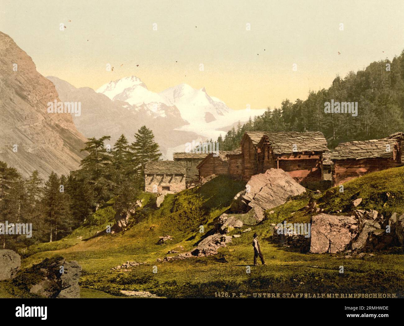 Meide Mittlere Staffel and Rimpfischhorn, with chalets, Valais, Switzerland 1890. Stock Photo