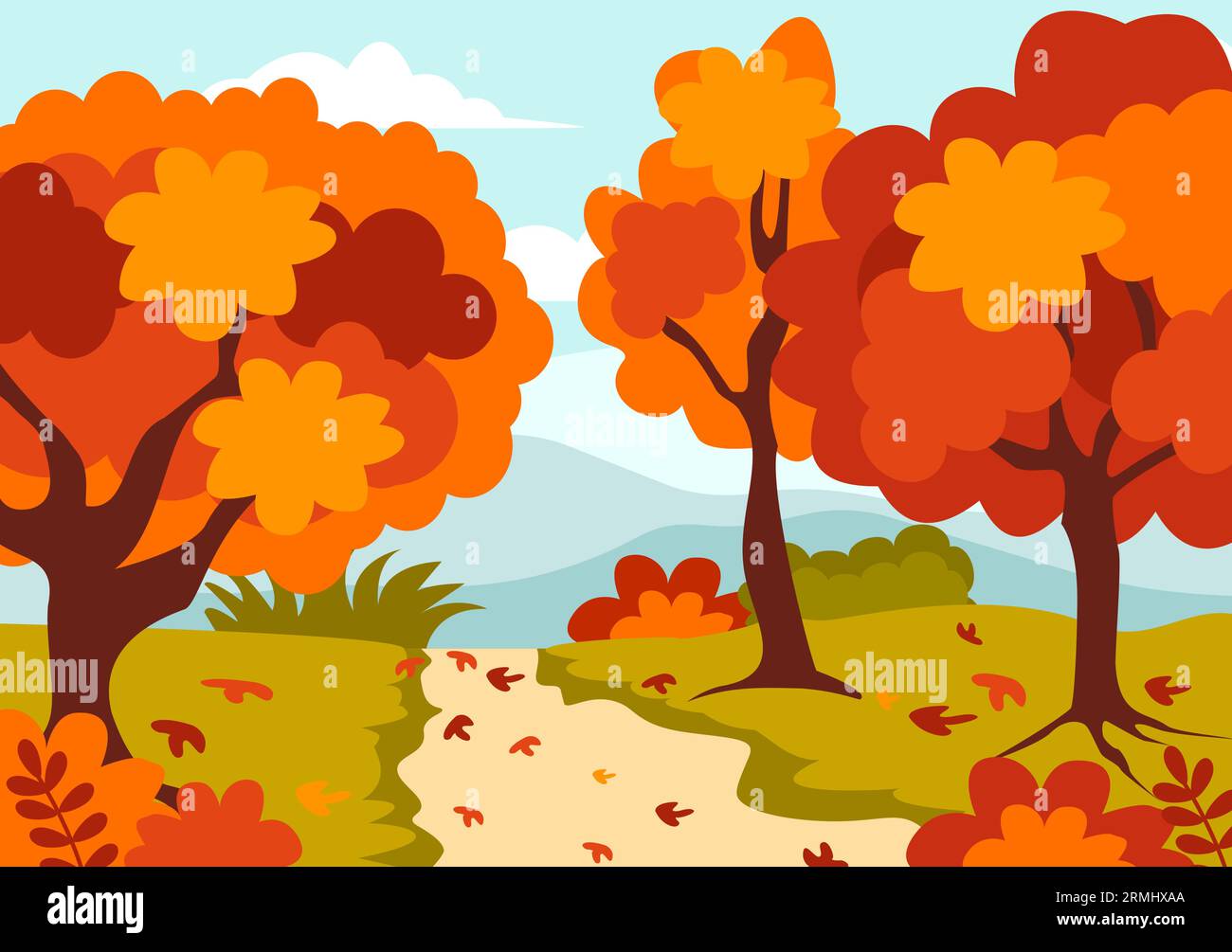 Autumn Landscape Background Vector Illustration with Mountains, Fields, Trees and Fall Leaves in Flat Cartoon Natural Season Panorama Templates Stock Vector