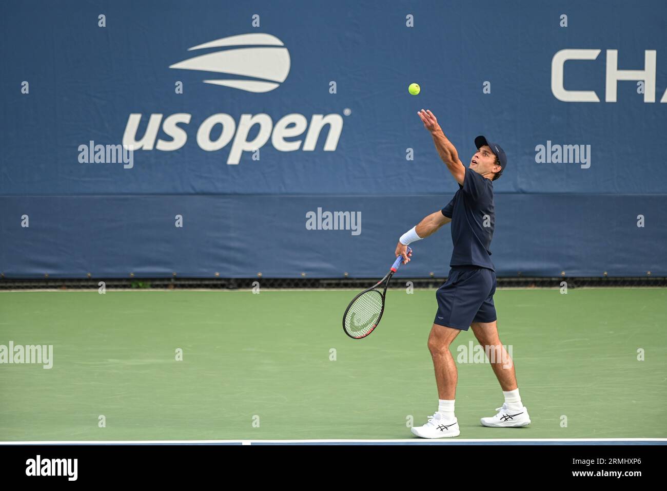 Aslan Karatsev in action during a mens singles match at the 2023 US Open, Monday, Aug