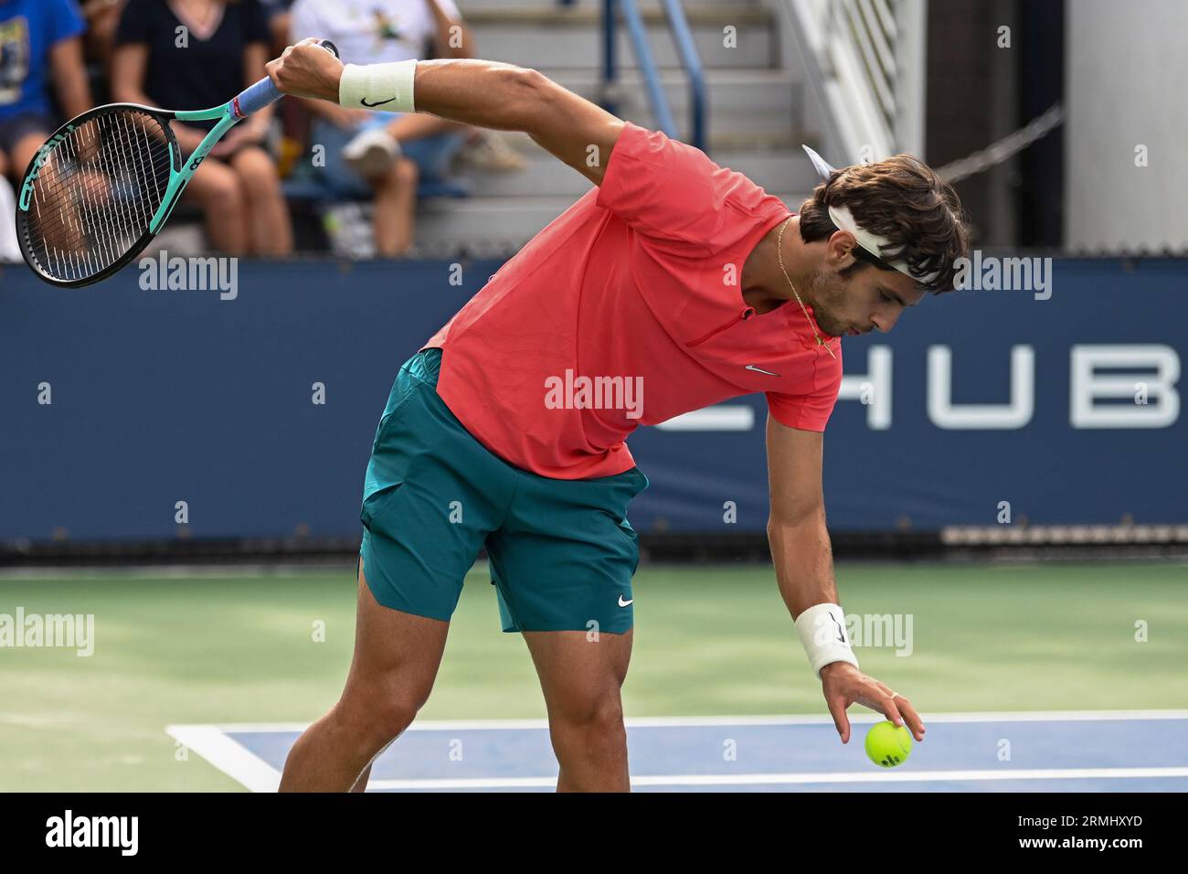 Lorenzo Musetti in action during a mens singles match at the 2023 US Open, Monday, Aug