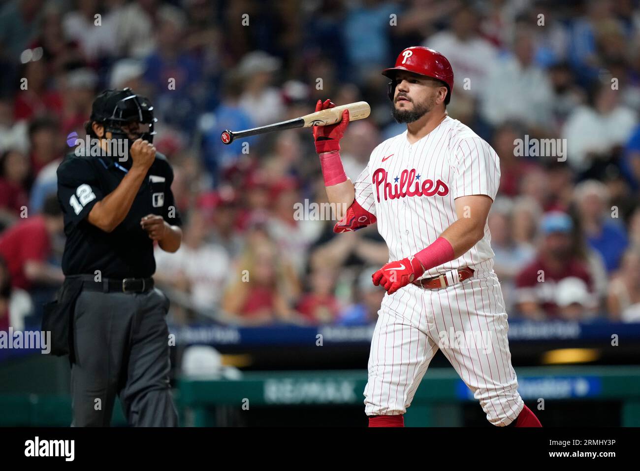 Philadelphia Phillies' Kyle Schwarber reacts after a strike out during ...