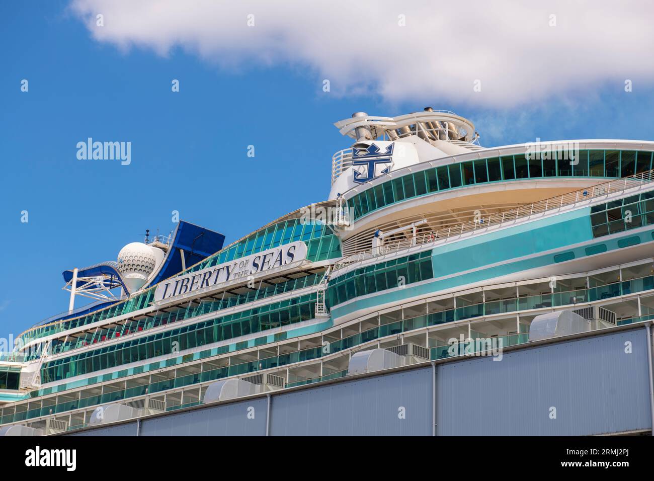 Royal Caribbean luxurious cruise ship Liberty of the Seas docked at Cape Liberty Cruise Port in