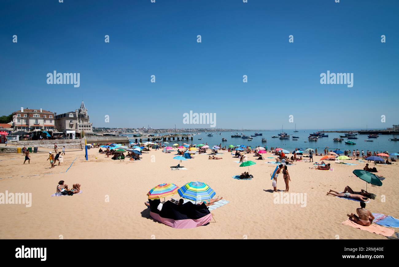 Praia da Ribeira beach, Cascais, Portugal. Cascais is a growing popular beach town on the Portuguese north Atlantic coast near the nation’s capital. Stock Photo