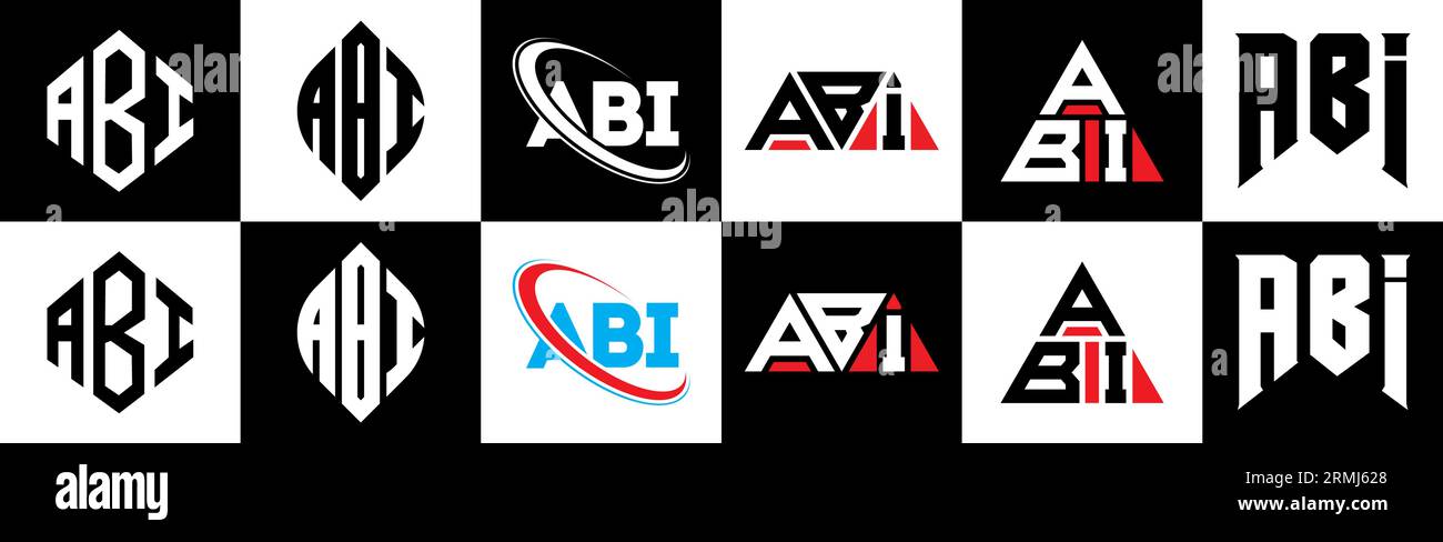 ABI letter logo design in six style. ABI polygon, circle, triangle, hexagon, flat and simple style with black and white color variation letter logo se Stock Vector