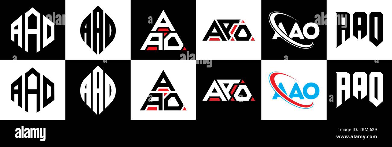 AAO letter logo design in six style. AAO polygon, circle, triangle, hexagon, flat and simple style with black and white color variation letter logo se Stock Vector