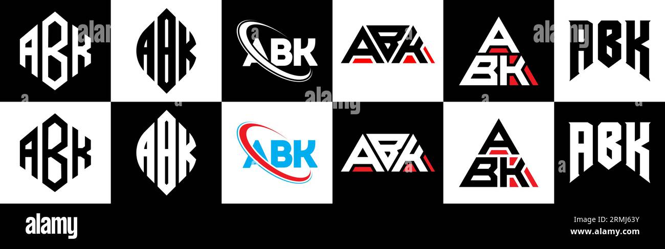 ABK letter logo design in six style. ABK polygon, circle, triangle, hexagon, flat and simple style with black and white color variation letter logo se Stock Vector