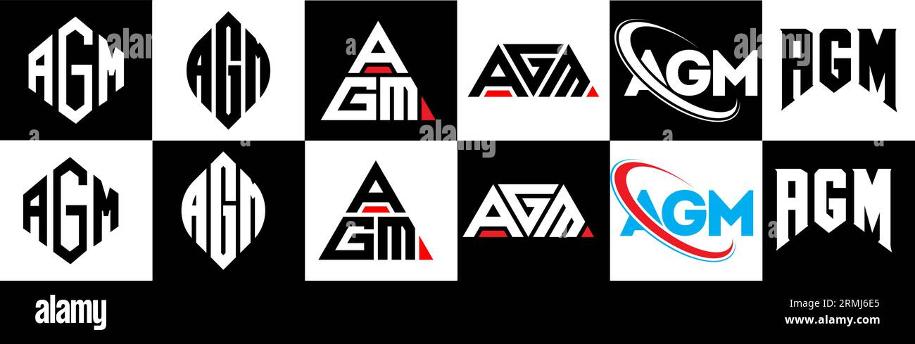 AGM letter logo design in six style. AGM polygon, circle, triangle, hexagon, flat and simple style with black and white color variation letter logo se Stock Vector