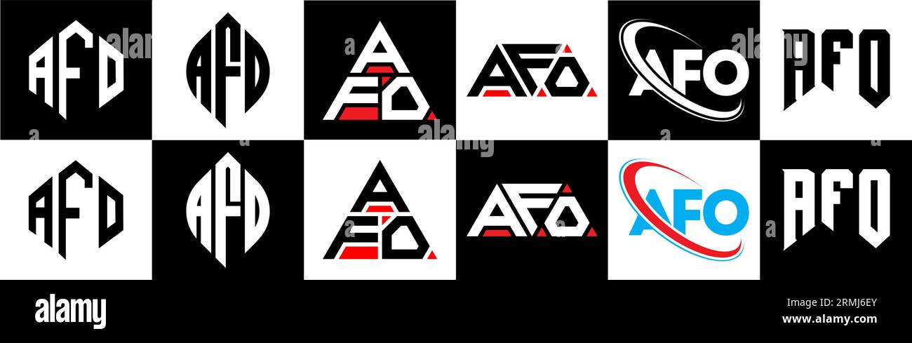 AFO letter logo design in six style. AFO polygon, circle, triangle, hexagon, flat and simple style with black and white color variation letter logo se Stock Vector