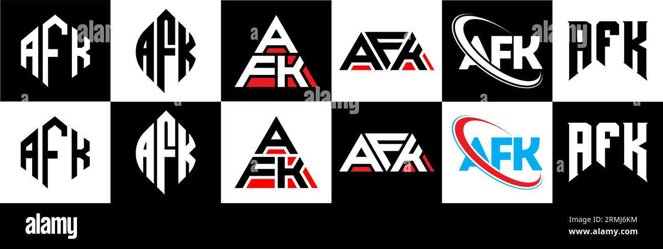 AFK letter logo design in six style. AFK polygon, circle, triangle, hexagon, flat and simple style with black and white color variation letter logo se Stock Vector