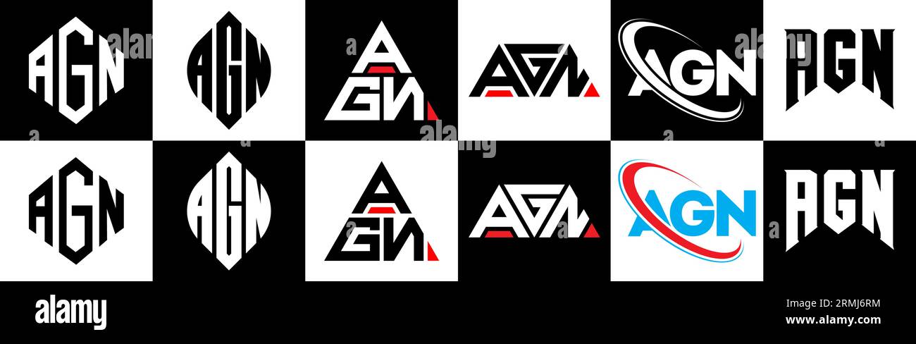 AGN letter logo design in six style. AGN polygon, circle, triangle, hexagon, flat and simple style with black and white color variation letter logo se Stock Vector