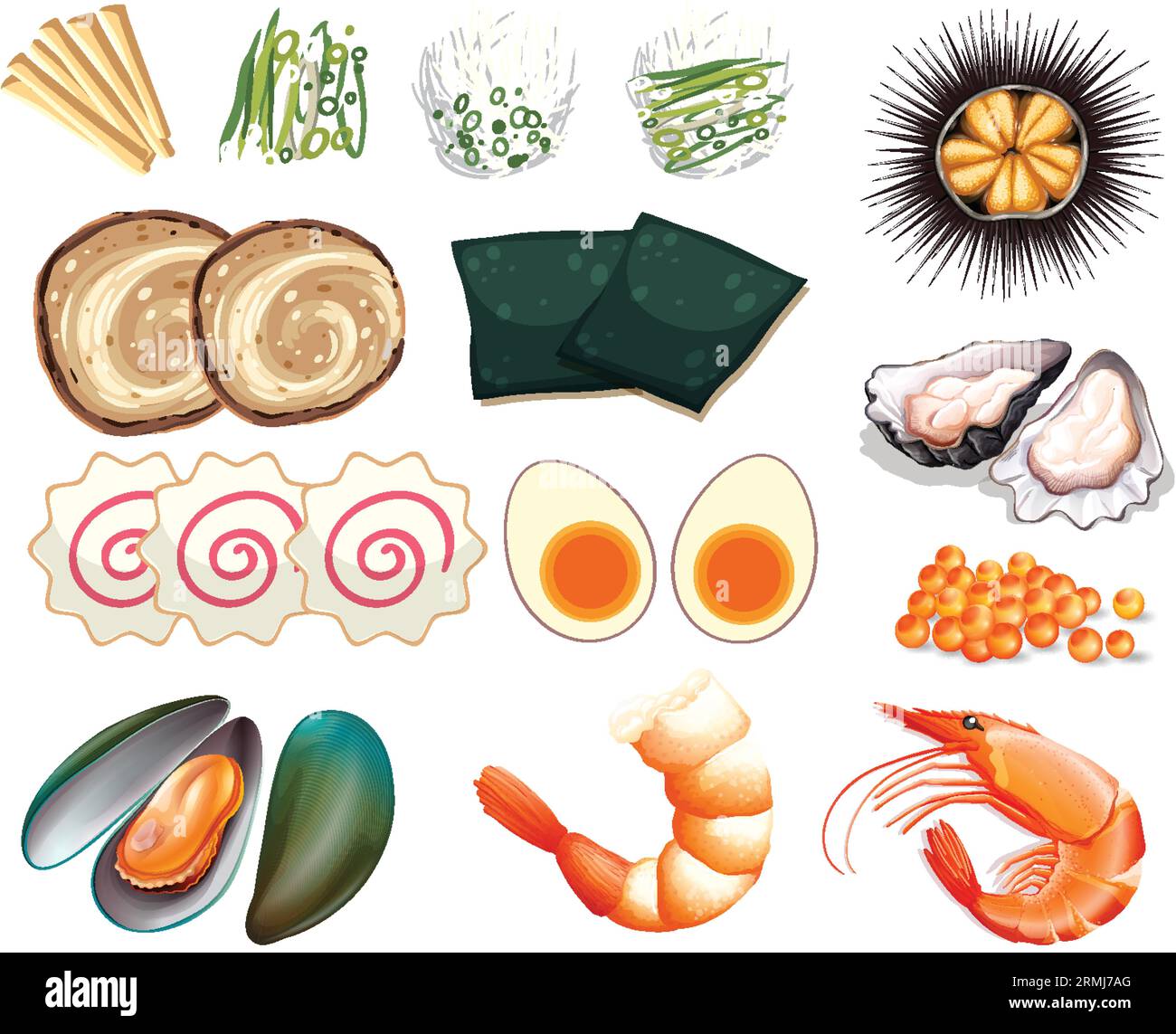 A flavorful bowl of Japanese ramen topped with seafood delicacies Stock