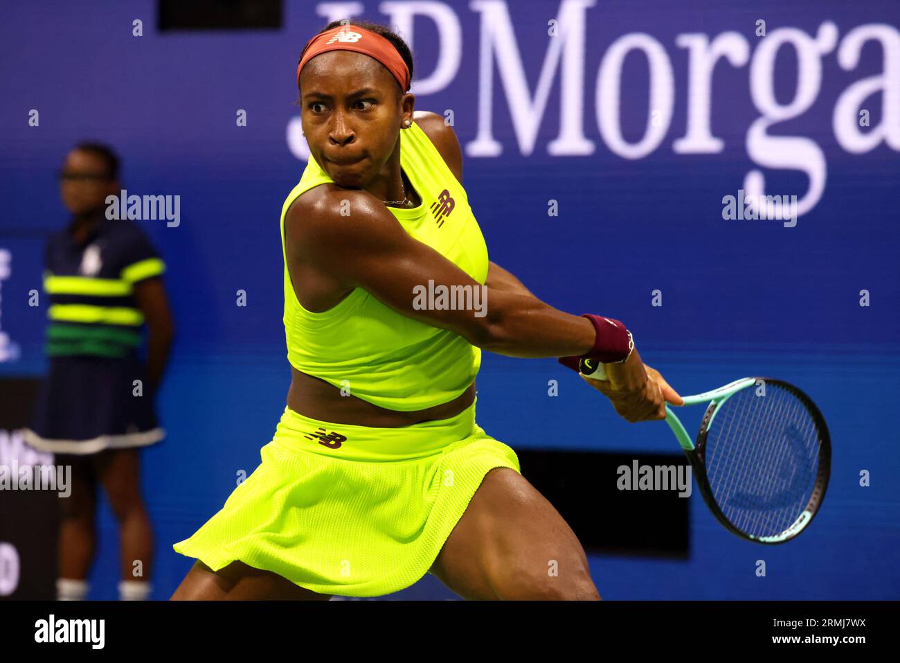 Flushing Meadows, New York, USA. 28th Aug, 2023. Number 6 seed Coco Gauff in action during her first round match against Laura Siegemund of Germany at the US Open Credit: Adam Stoltman/Alamy Live News Stock Photo