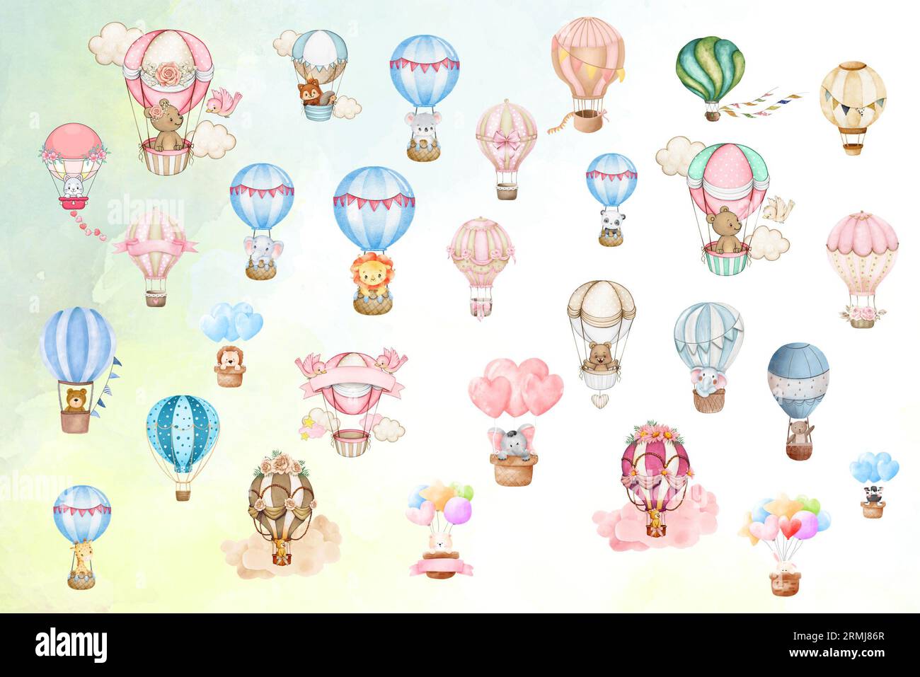 Watercolor hot air balloons with baby animals collection Stock Photo