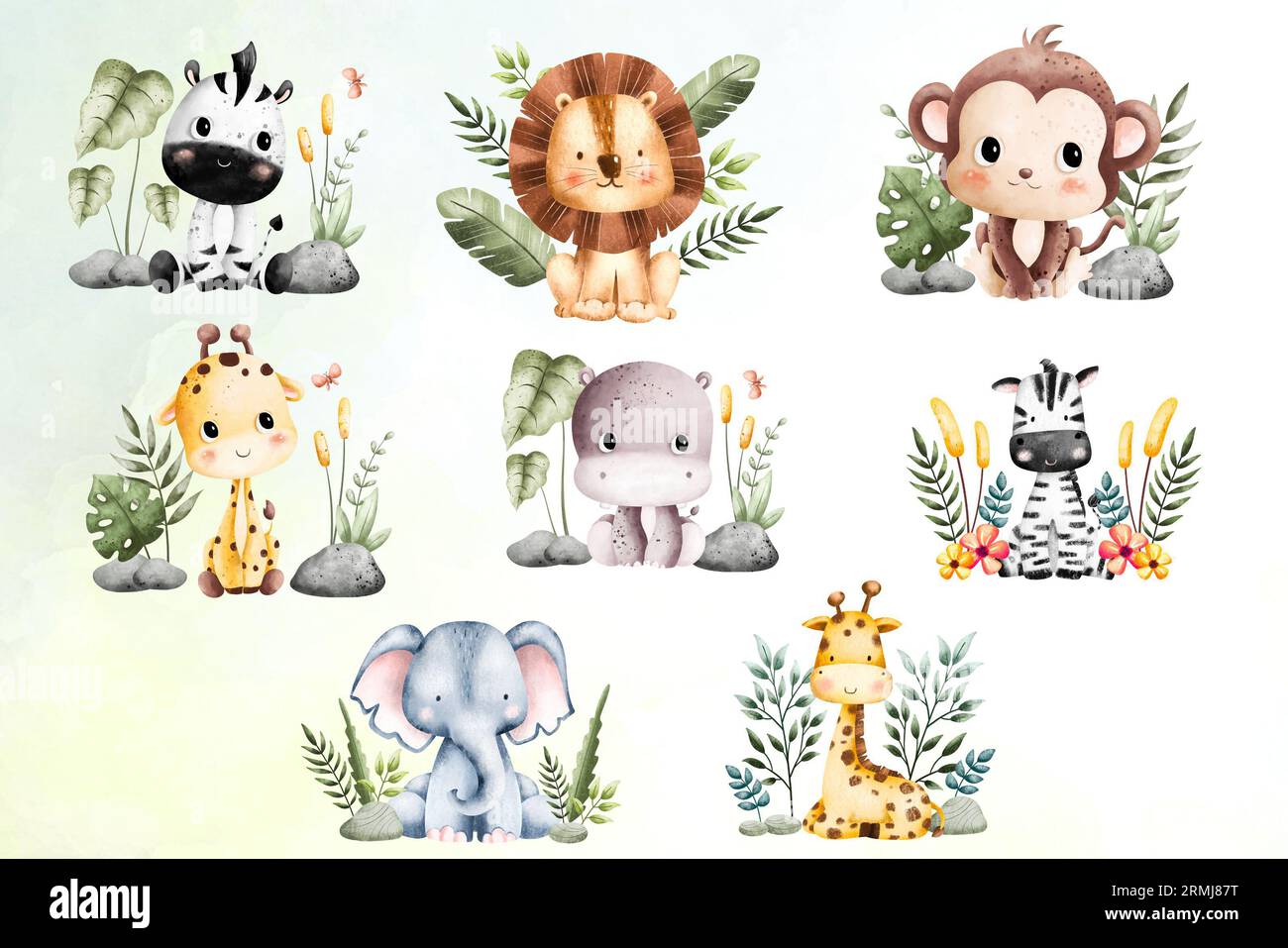 Watercolor safari animals collection Stock Photo