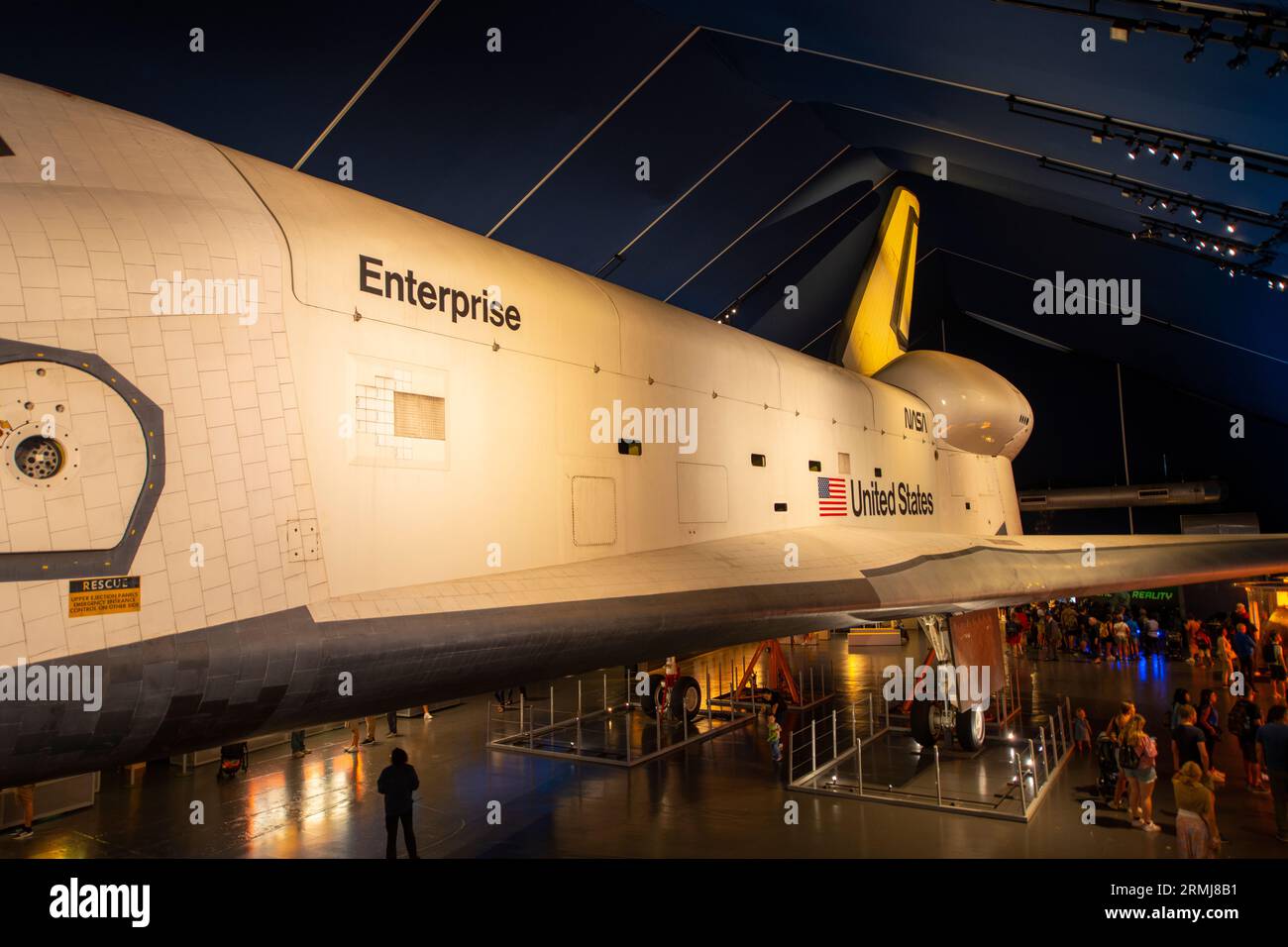 Space Shuttle Entreprise was the first orbiter of the Space Shuttle system. It is displayed on Intrepid Aircraft Carrier in Manhattan, New York City. Stock Photo