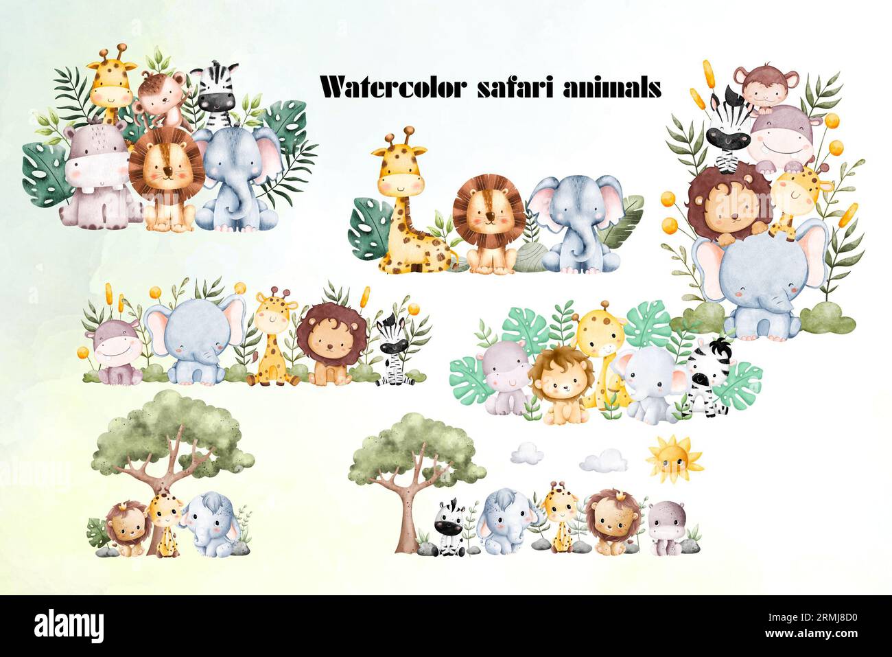 Watercolor safari animals collection Stock Photo