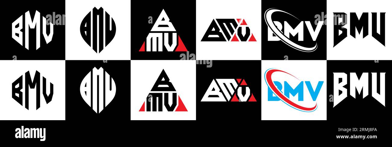 BMV letter logo design in six style. BMV polygon, circle, triangle, hexagon, flat and simple style with black and white color variation letter logo se Stock Vector