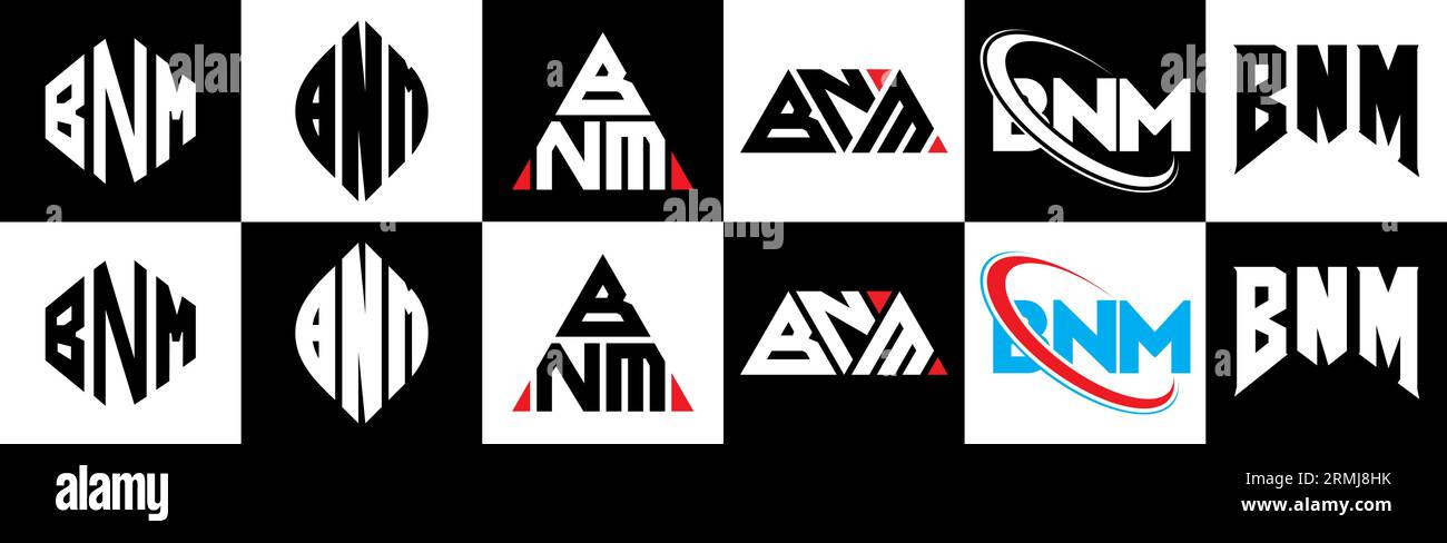 BNM letter logo design in six style. BNM polygon, circle, triangle, hexagon, flat and simple style with black and white color variation letter logo se Stock Vector