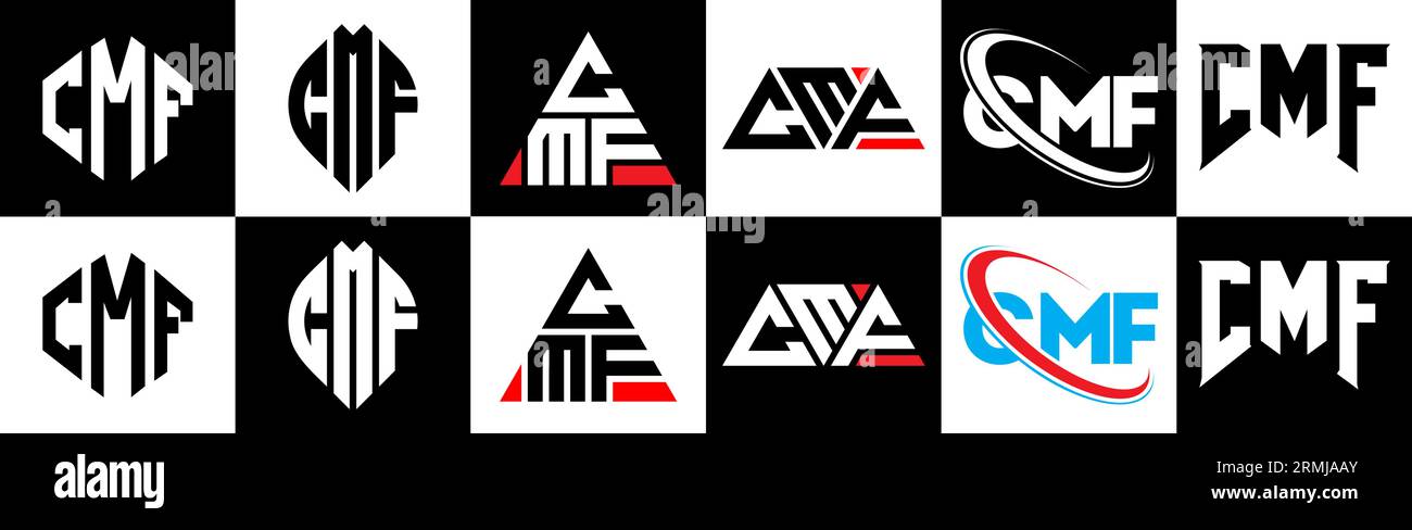 CMF letter logo design in six style. CMF polygon, circle, triangle, hexagon, flat and simple style with black and white color variation letter logo se Stock Vector