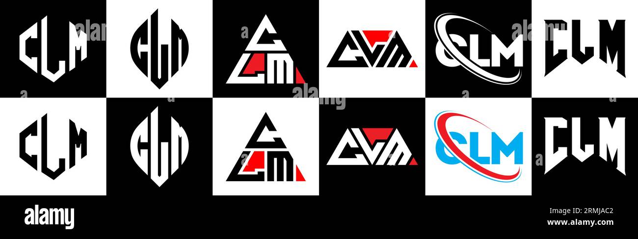 CLM letter logo design in six style. CLM polygon, circle, triangle, hexagon, flat and simple style with black and white color variation letter logo se Stock Vector