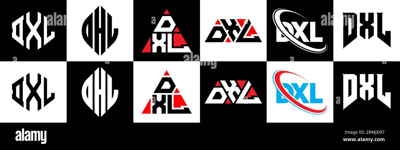 DXL letter logo design in six style. DXL polygon, circle, triangle, hexagon, flat and simple style with black and white color variation letter logo se Stock Vector