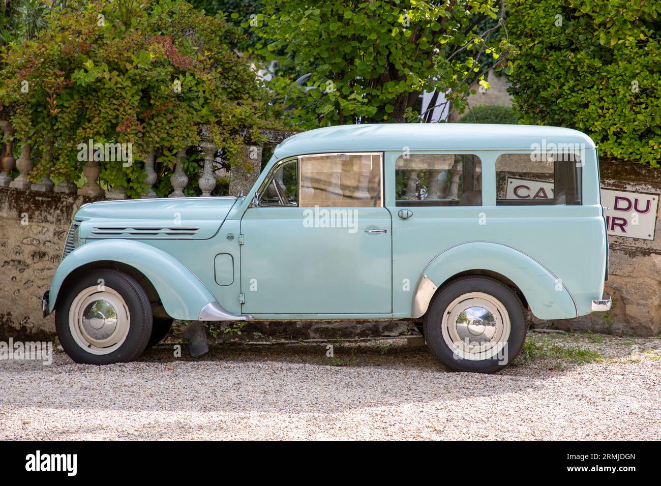 saint-emilion , France -  08 19 2023 : Renault juva 4 oldtimer car in side view outdoor blue vintage retro french vehicle Stock Photo