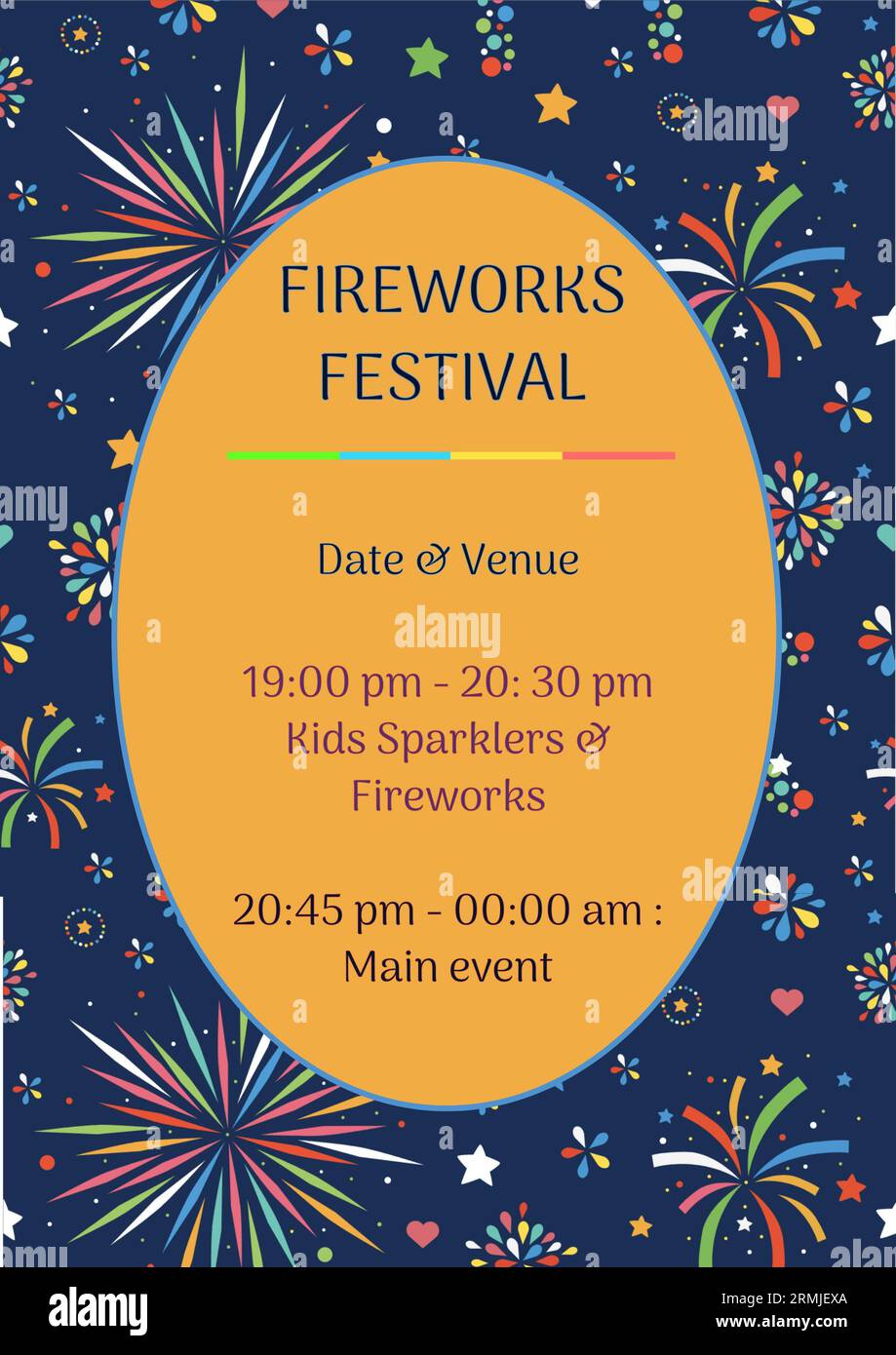 Illustration of fireworks festival, date, venue, timings, kids sparklers and fireworks, main event Stock Photo