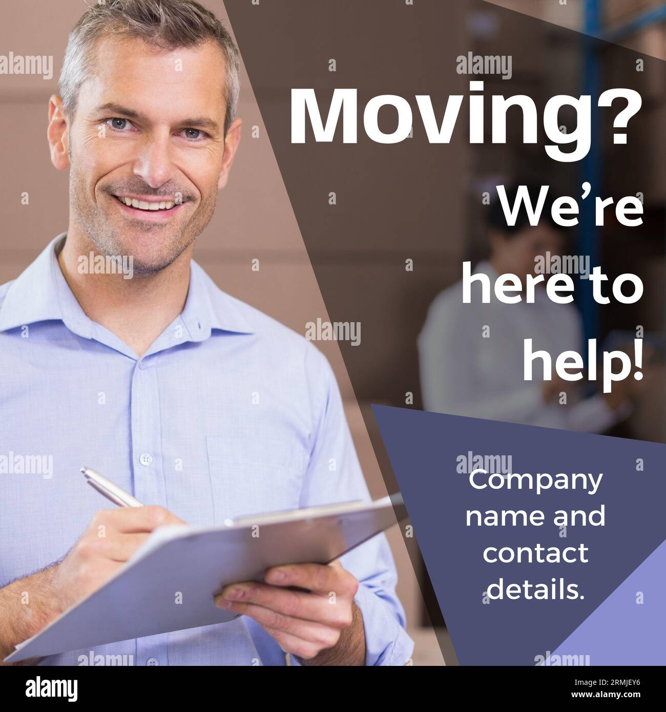 Moving, we're here to help, company name and contact details and portrait of caucasian businessman Stock Photo